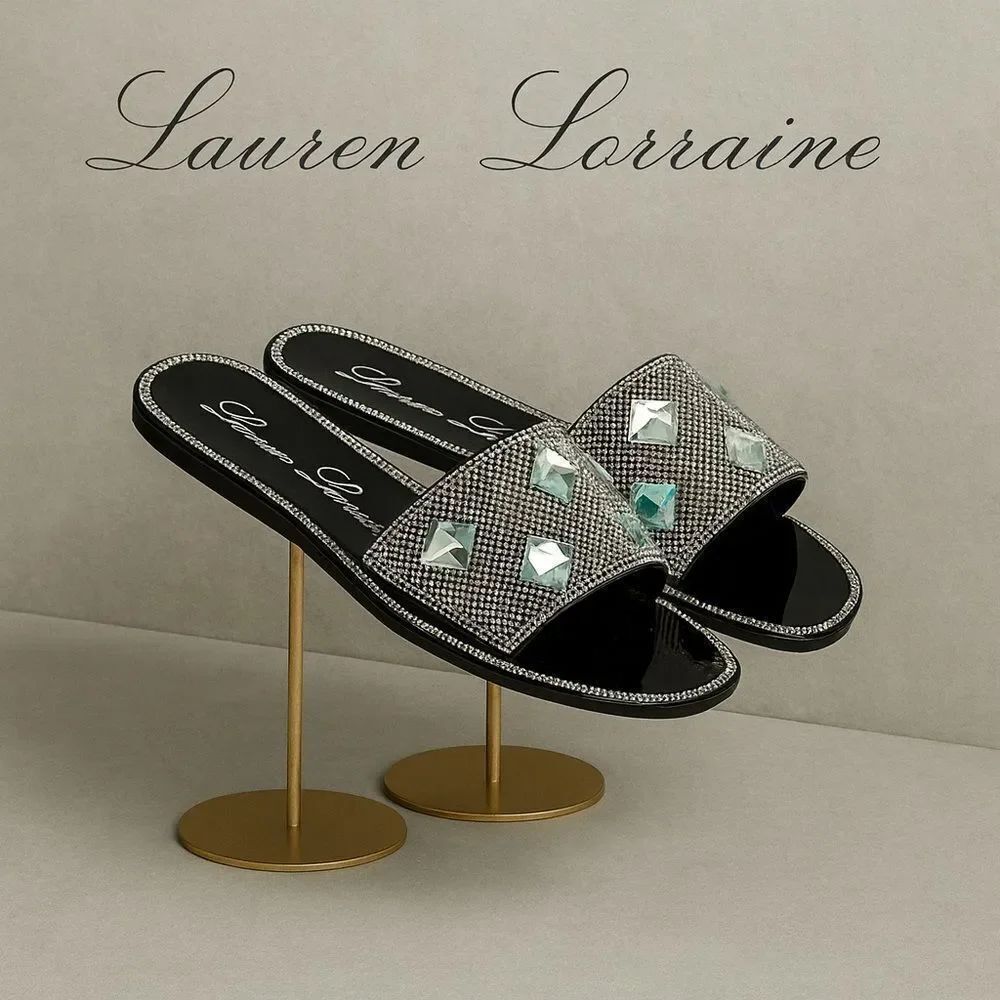 New Lauren Lorraine “Bianca” Black Silver Jeweled Slide Sandals 7.5